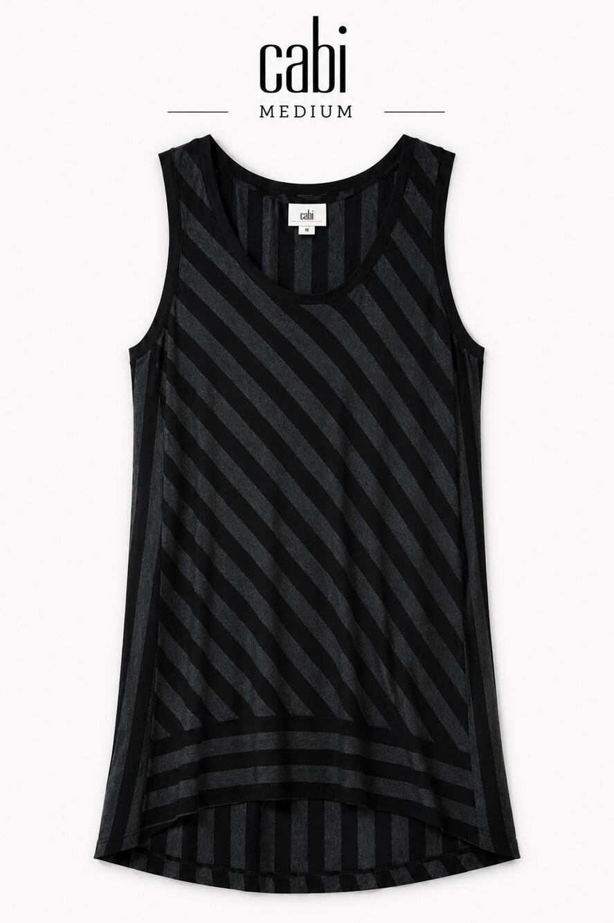 Cabi Align Tank Top Medium Black Gray Striped Sleeveless Rayon Stretch Tunic